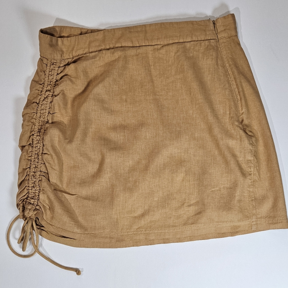 Free People Mini Skirt Womens 6 Mustard Ruched Side Linen Blend Festival Wear